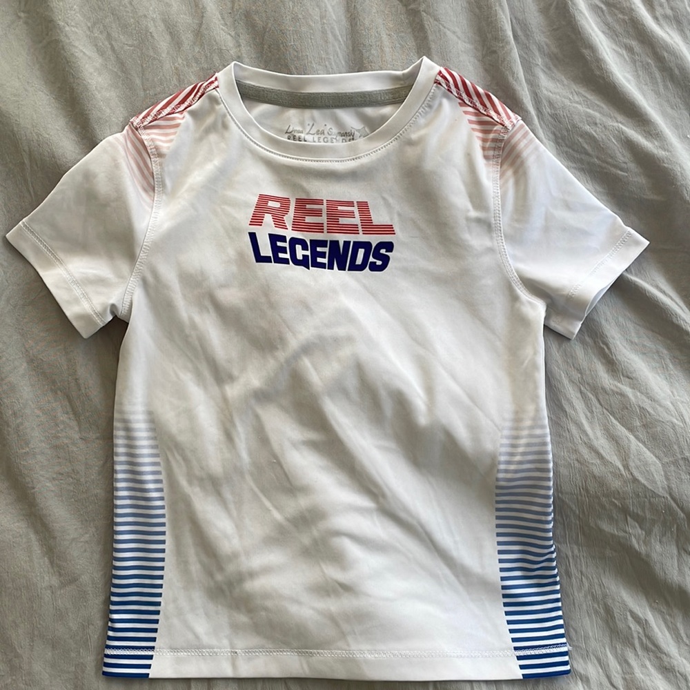 Reel Legends short sleeve fishing shirt, red white and blue with shark, size 2T